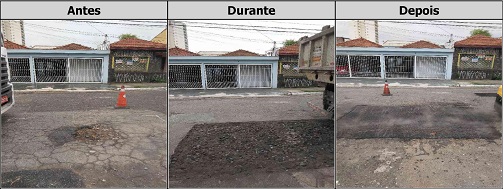 Antes, durante e depois do serviço de tapa-buraco na rua Belgrado